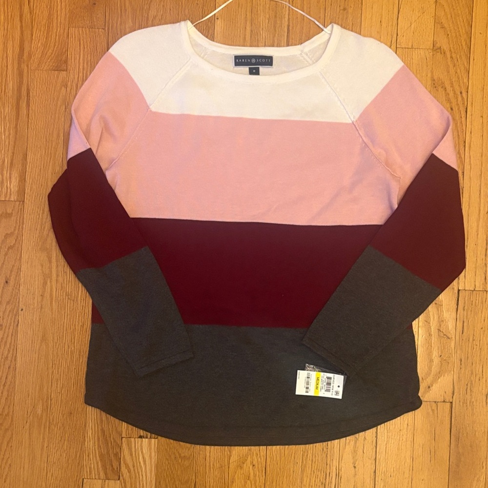 Karen Scott White Pink Maroon and Gray Crewneck Sweater